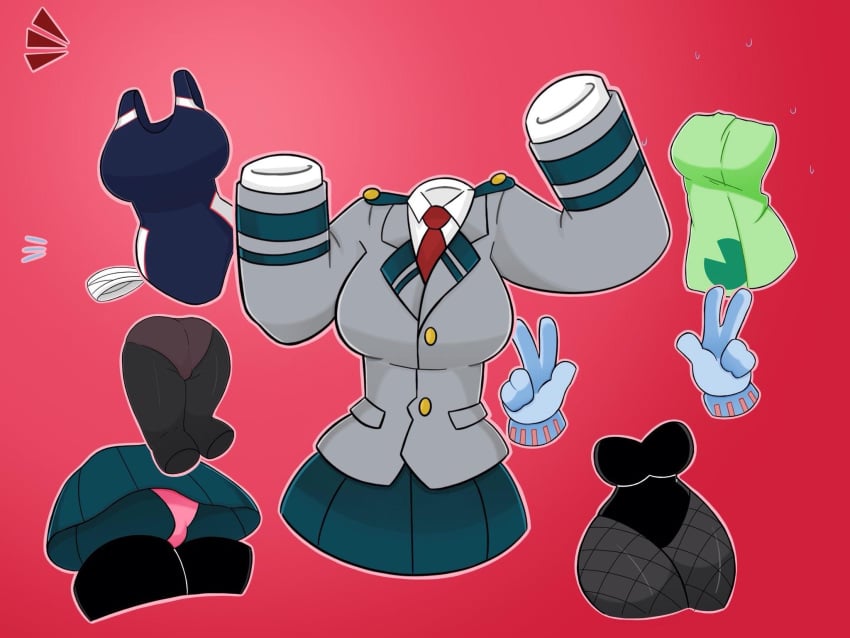 bunnysuit clothing exposed_torso footwear hagakure_tooru_(invisible) handwear invisible jennlumm mostly_nude my_hero_academia pantyhose pantyshot peace_sign samurairen schoolgirl swimsuit tooru_hagakure tooru_hagakure_(invisible) towel