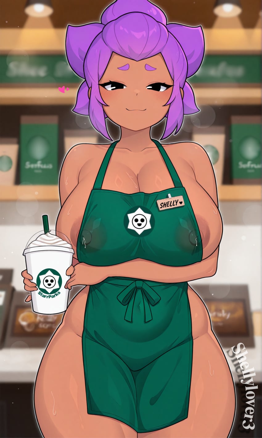 1girls ai_generated apron big_breasts brawl_stars breasts_visible_through_clothing coffee completely_nude erect_nipples hand_under_breasts lactation large_breasts milf milk milking nipples nipples_visible_through_clothing puffy_nipples shelly_(brawl_stars) starbucks taller_female thick_thighs