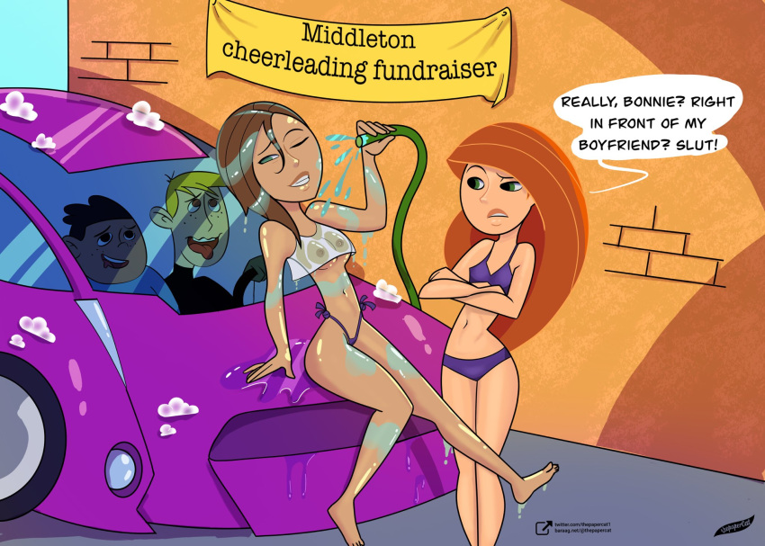 2boys 2girls bonnie_rockwaller breasts carwash chocolate_and_vanilla disney disney_channel english_text female green_eyes kim_possible kimberly_ann_possible male multiple_boys multiple_girls nipples red_hair ron_stoppable sex small_breasts text thepapercat wade_(kim_possible) water_hose wet_t-shirt