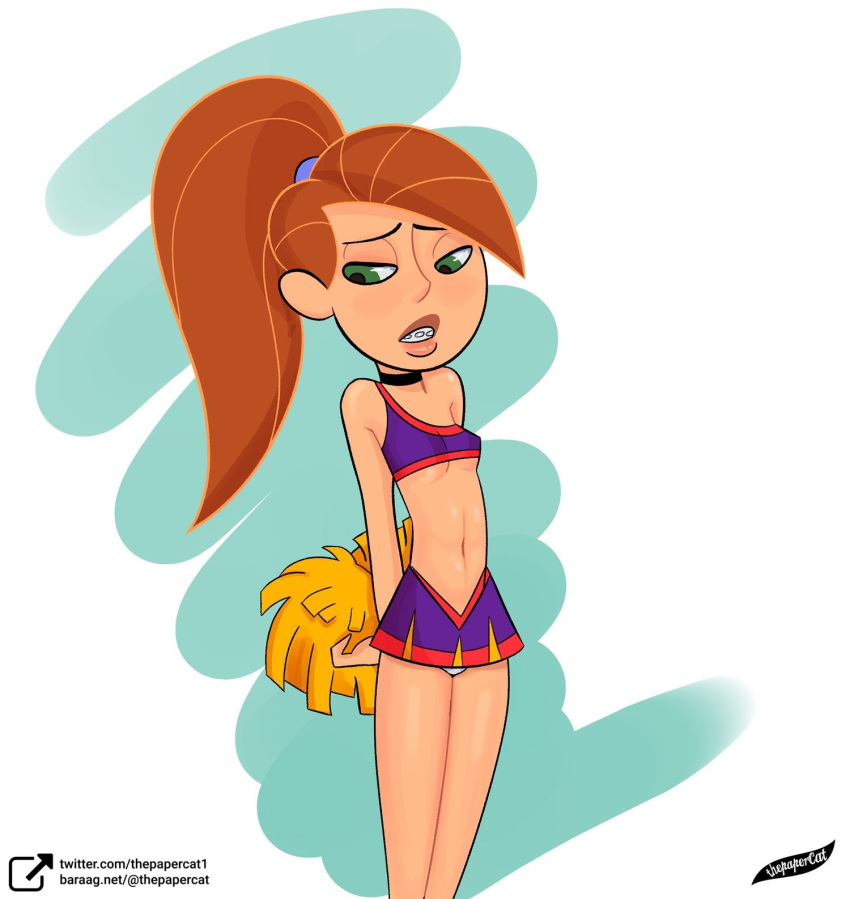 1girls braces breasts cheerleader cheerleader_uniform choker disney female green_eyes kim_possible kimberly_ann_possible partially_clothed petite pom_poms red_hair skirt small_breasts solo tagme teenager thepapercat