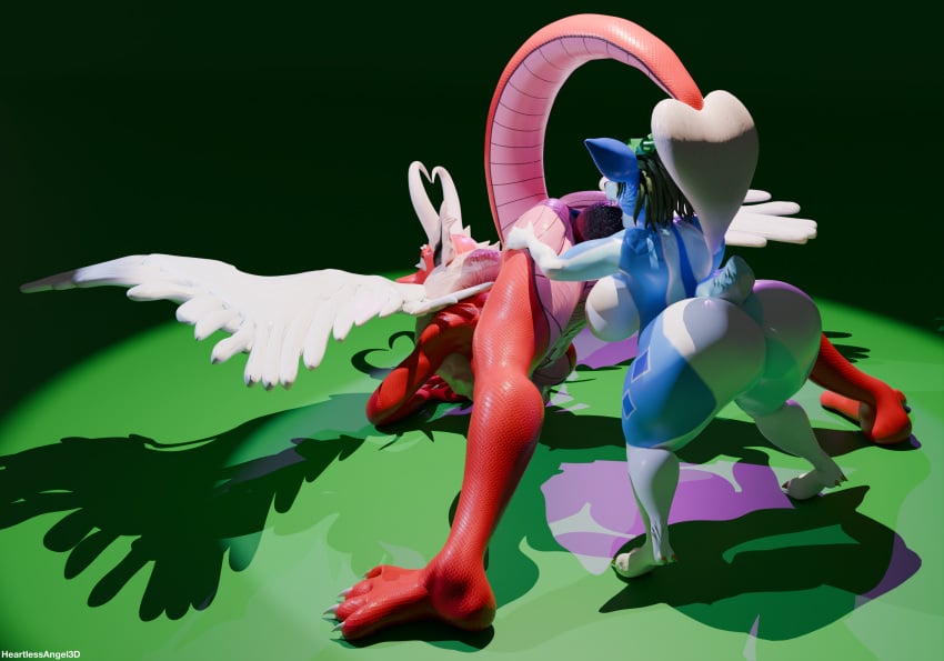 2026 3d 4_toes adelina_the_love_dragon anthro ass ass_up blue_body blue_fur blue_vulva chest_tuft claws deer digital_media_(artwork) dragon duo egg egg_laying feathered_wings feathers feet female fingers fluffy_ears fur genitals green_background green_hair hand_on_butt heart_tail heartlessangel3d hi_res hooves horn jack-o'_pose larger_female licking long_hair mammal mythological_creature mythological_scalie mythology open_mouth petra_the_defend_deer pink_body pink_scales pose raised_tail red_body red_scales scales scalie simple_background size_difference smaller_female tail teeth toe_claws toes tongue tuft vulva white_body white_feathers white_fur wings