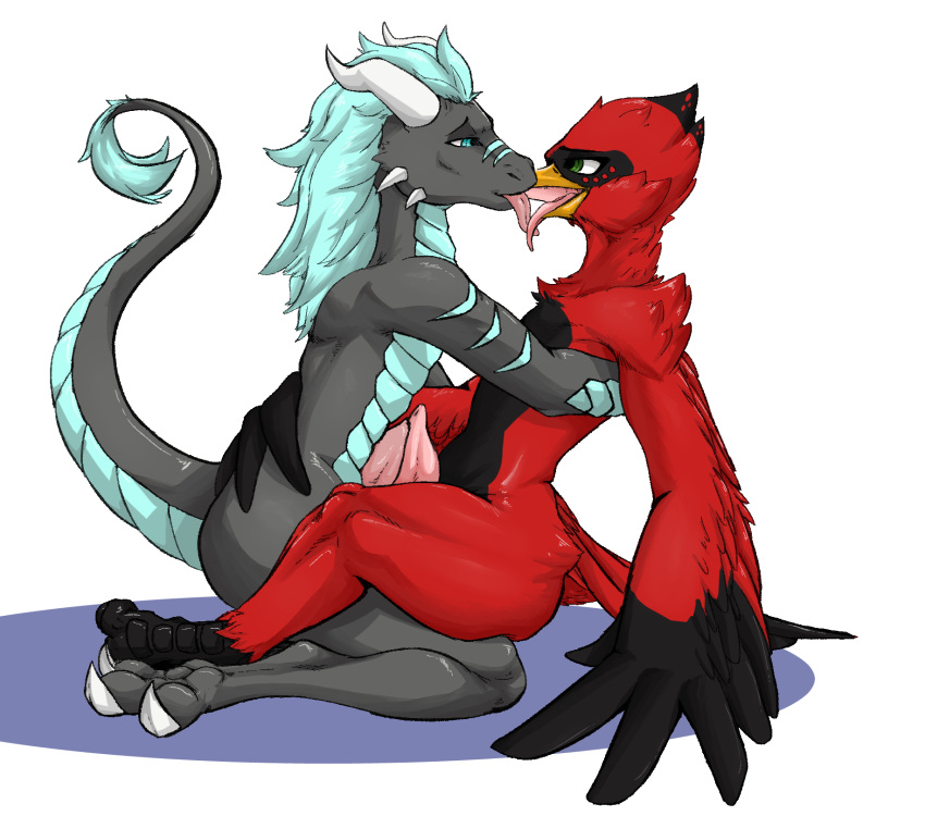 anthro avian bird cardinal_(bird) dragon duo father_hill feathered_wings feathers frottage genitals hi_res horn kissing male male/male oscine passerine penis raised_tail scalie sex tail_feathers talons tapering_penis tongue wings