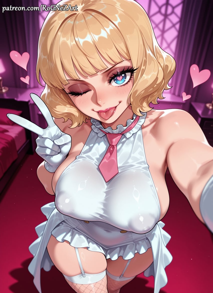 1girl 2026 ai_generated anime bangs bare_shoulders bed blonde_hair blue_eyes blunt_bangs blush boobs breasts cleavage clothing covered_navel covered_nipples crossover curtains dress eye_contact eyelashes female female_focus female_only fishnet_thighhighs fishnets flushed frills garter_straps gloves handwear heart heart-shaped_pupils highres huge_breasts indoors inside large_breasts lips looking_at_viewer makeup necktie nsfw one_eye_closed one_piece patreon pink_necktie reaching_towards_viewer rognezart selfie short_dress short_hair sideboob skindentation sleeveless sleeveless_dress smile smiling solo stussy_(one_piece) symbol-shaped_pupils thighhighs tongue tongue_out v white_dress white_gloves white_thighhighs
