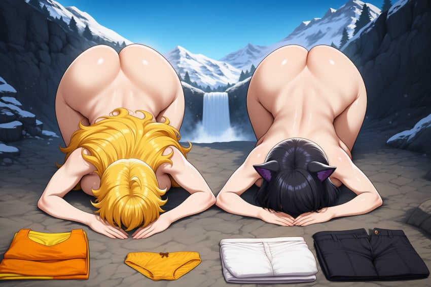ai_assisted ai_generated black_hair blake_belladonna blonde_hair defeated_heroine dogeza humiliation naked nude rwby submission yang_xiao_long