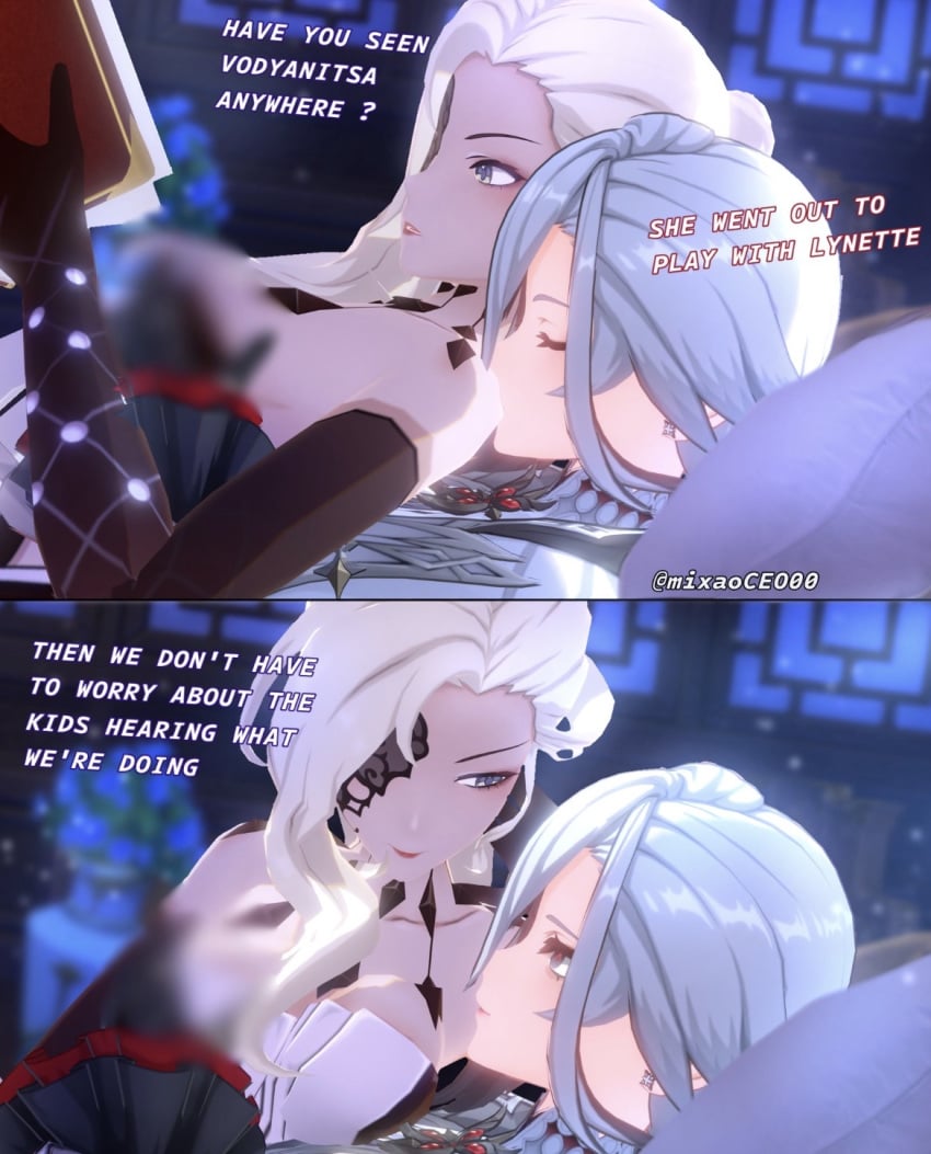 2girls 3d 3d_(artwork) arlecchino_(genshin_impact) black_and_white_hair blonde_hair breasts censored censored_breasts character_mentioned character_name eyepatch female/female fondling_breast genshin_impact gentle_dom grabbing_from_behind hair_over_one_eye hands_on_breasts kissing_shoulder mentioned_character signora_(genshin_impact) sitting_on_person sucking_shoulder talking_to_partner yuri