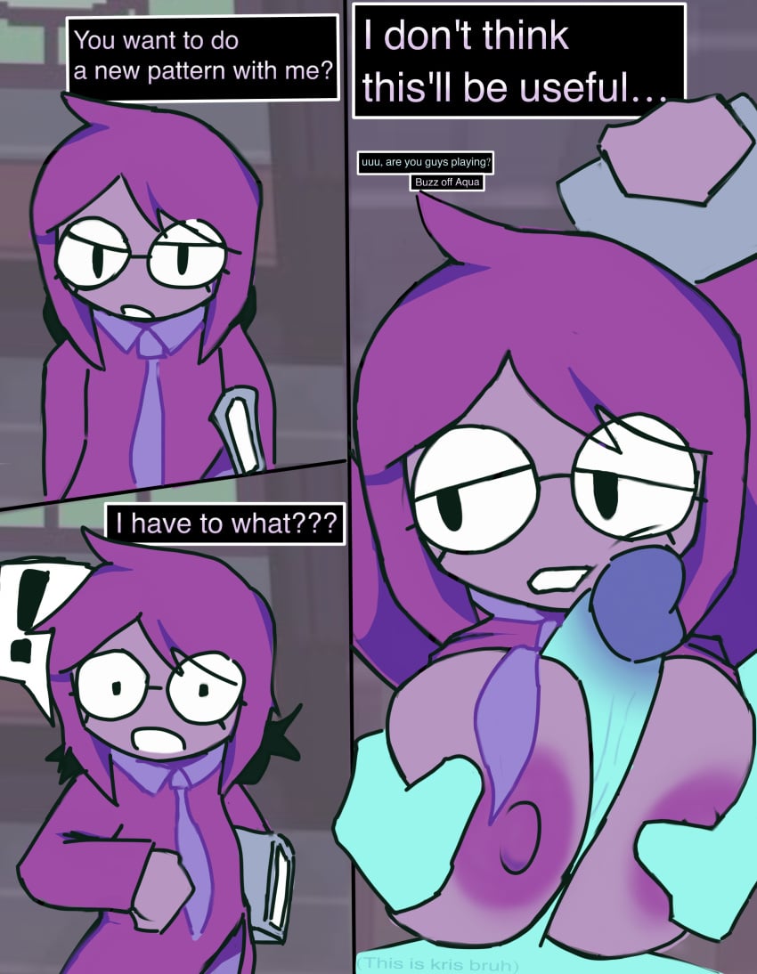 ! 2others 3koma black_eyes blue_body blue_skin book breasts breasts_squeezed_together clothing color colored_nipples colored_skin comic deltarune dialogue dialogue_box english_text female female_focus genderswap genderswap_(otf) genderswap_(otm) glasses hammerspace hammerspace_breasts hetero hidden_buxom holding holding_book kris_(deltarune) large_breasts looking_at_viewer male naked necktie nipples paizuri partially_clothed penis pixiv_link purple_body purple_hair purple_necktie purple_shirt purple_skin seth_(deltarune) shirt swoiffer2 teeth text utdr_(toby_fox) veins veiny_penis