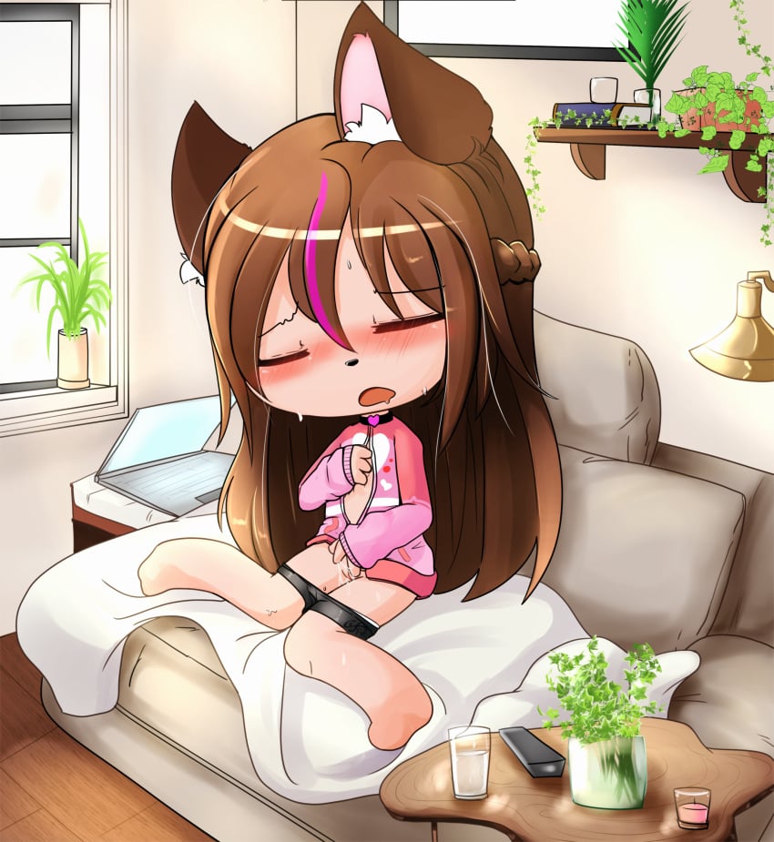 animal_ears blush brown_hair chibi closed_eyes clyndemoon drooling female gacha gacha_club gacha_heat gacha_life masturbation solo