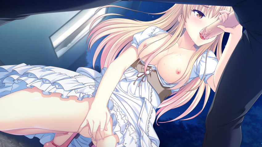 blonde_hair breasts fellatio fingering game_cg kanome_reina long_hair making_lovers nipples no_bra penis pussy pussy_juice red_eyes smee spread_legs taniyama-san uncensored