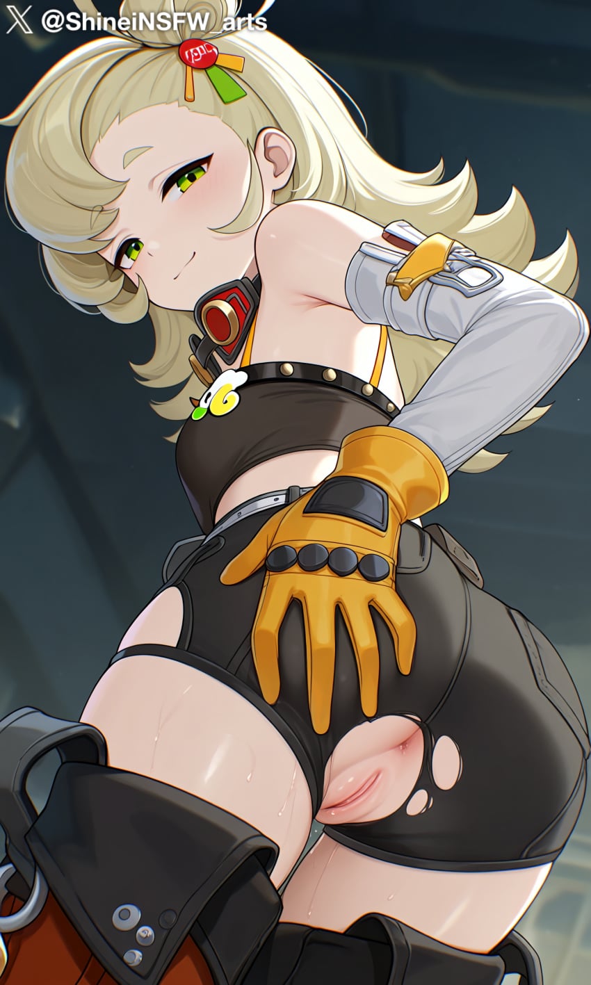 1girls ai_generated ass_focus green_eyes looking_at_viewer piper_wheel pussy pussy_juice shineinsfw smile solo uncensored wet yellow_hair zenless_zone_zero
