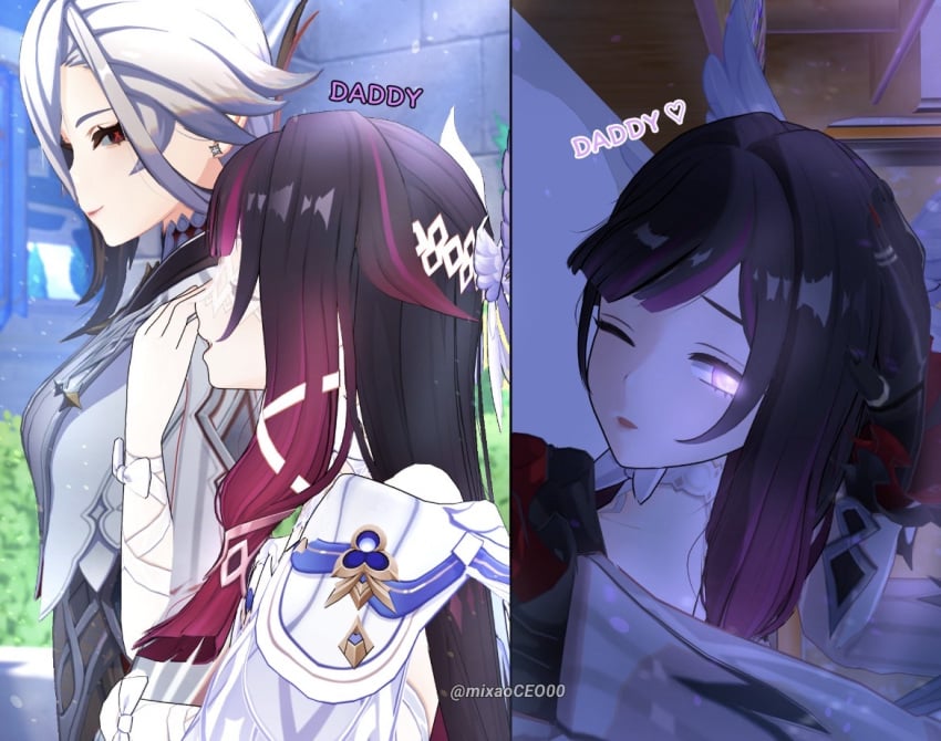 2girls 3d 3d_(artwork) arlecchino_(genshin_impact) bangs black_and_white_hair columbina_(genshin_impact) daddy daddy_kink dominant_female female/female female_daddy genshin_impact lesbian lesbian_sex long_hair pinned pinned_down purple_hair shorter_female submissive_female tagme_(artist) taller_female yuri