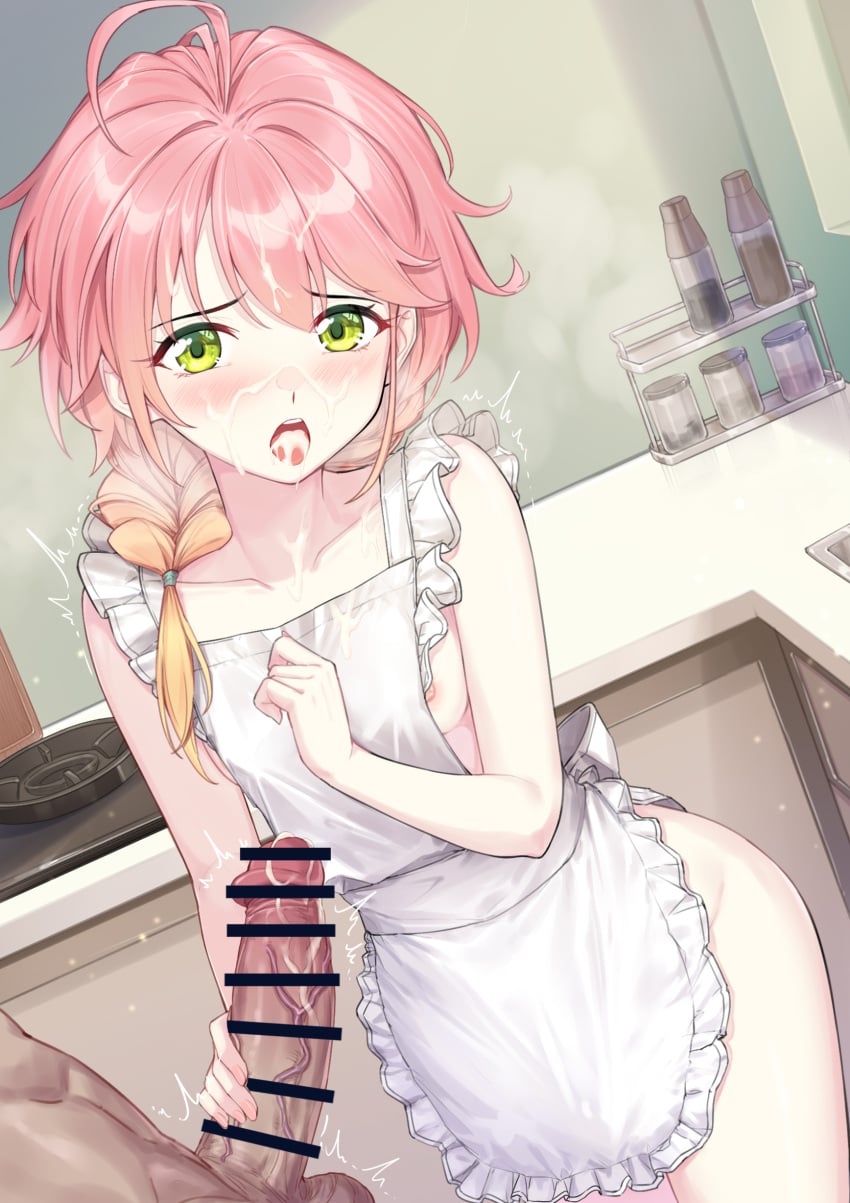 1boy 1girl absurdres apron areola_slip bar_censor blush braid breasts censored coffeekite collarbone commentary_request cum cum_on_body embarrassed erection facial gokkun gradient_hair green_eyes handjob hetero highres indoors kitchen long_hair multicolored_hair naked_apron open_mouth orange_hair original penis pink_hair small_breasts testicles uni_(coffeekite) veins veiny_penis