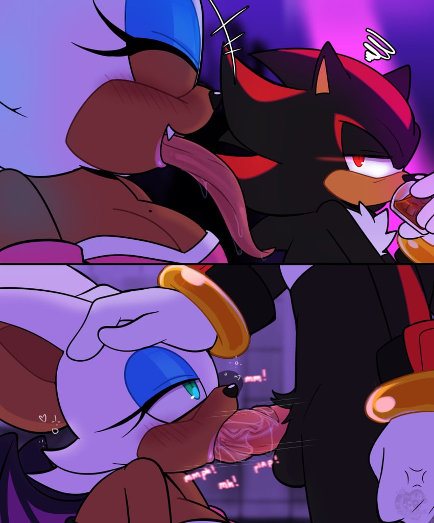 anthro bat big_breasts big_penis blush breasts brown_body cleavage clothed clothing comic dark_body dark_skin duo eonbnnuy eulipotyphlan eyes_closed fellatio female genitals headpat hedgehog hi_res long_tongue looking_at_another male male/female mammal mostly_nude oral penile penis rouge_the_bat sega sex shadow_the_hedgehog sonic_the_hedgehog_(series) tongue tongue_out tongue_out_fellatio vein veiny_penis