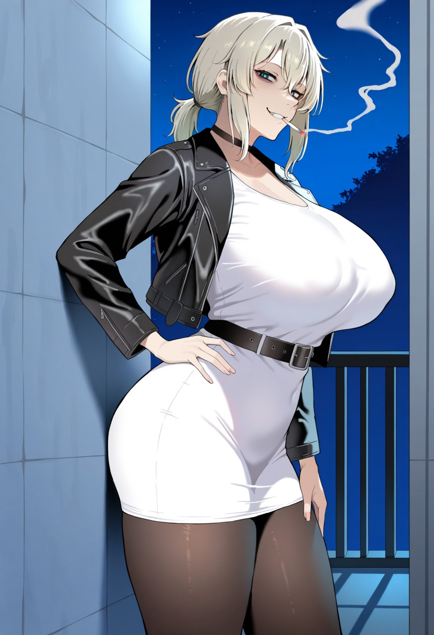 1girl ai_generated bangs belt black_choker black_jacket black_legwear blue_eyes breasts choker cigarette covered_nipples eye_bags grin huge_breasts jacket looking_at_viewer nicolette_(baselard35) open_jacket original pantyhose platinum_blonde_hair self_upload skirt smile smoking solo tied_hair
