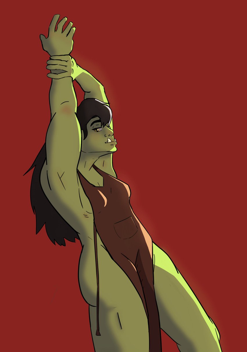 apron apron_only barely_clothed black_hair green_skin half-closed_eyes half-orc muscles muscular muscular_female oc stretching tusks yellow_eyes