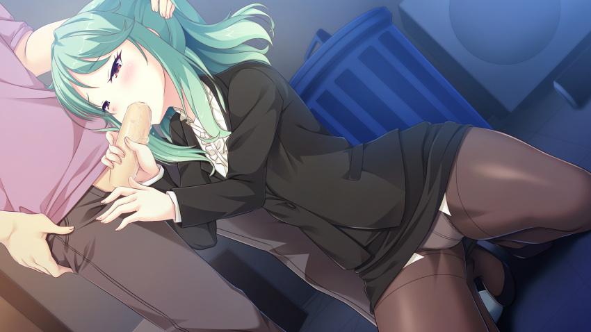 blush brown_eyes fellatio game_cg green_hair kitaooji_karen long_hair making_lovers male pantyhose penis smee taniyama-san uncensored underwear