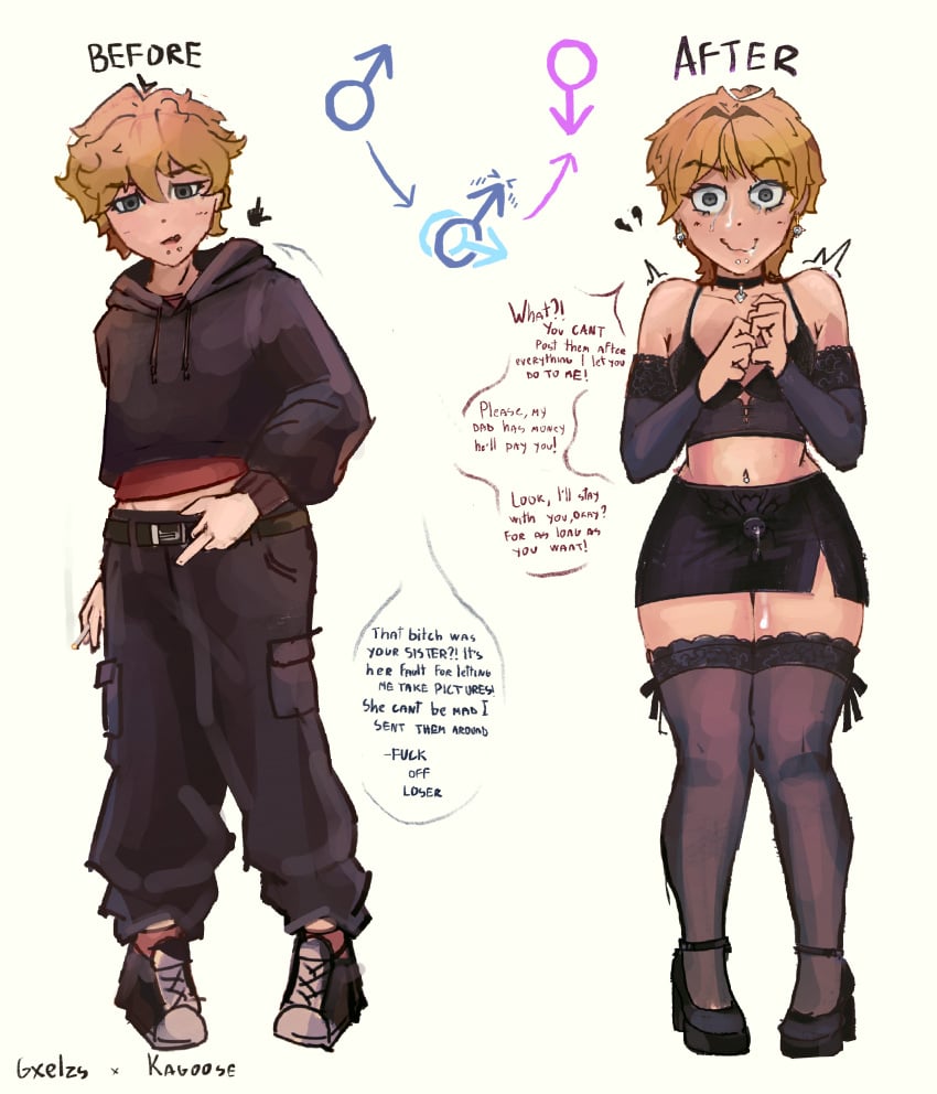 1boy 2boys after_anal after_sex arrogant before_anal before_and_after before_and_after_rape before_sex begging blackmail blonde bob_cut brat bratty bratty_correction bratty_femboy bratty_submissive bribe chastity_cage color crossdresser crossdressing cum_drip cum_in_mouth desperate desperation dialogue femboy feminine_faced_male feminine_male feminization flat_chastity_cage flat_chest forced gxelzs high_heels illustration miniskirt pictures public shocked sissification sissy smug submission terrified tight_skirt tights trans trap
