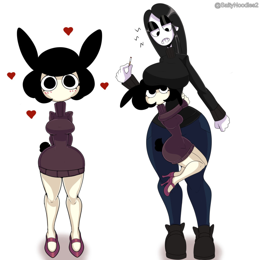 2girls arms_wrapped_around_partner bare_legs big_breasts black_hair black_sweater blush boots breasts bunny_ears bunny_girl bunny_tail cigarette female goth heart heels holding_waist hug jeans legs looking_at_viewer looking_down looking_up mouthless no_mouth original_character purple_sweater rabbit_ears rabbit_girl rabbit_humanoid rabbit_tail rose_(saltynoodles) saltynoodles short size_difference smaller_female sweater sweater_dress taller_girl teeth thick_thighs veronica_(saltynoodles) white_skin