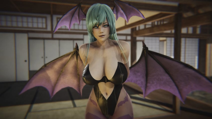 3d big_breasts capcom cleavage clothed clothing darkstalkers green_eyes green_hair koikatucenter large_breasts long_hair looking_at_viewer morrigan_aensland navel standing succubus wings