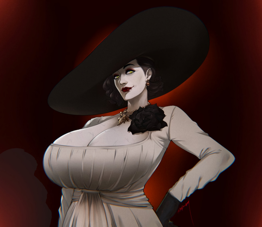 1girls alcina_dimitrescu black_hair breasts busty capcom cleavage clothed corsage dress earrings female fully_clothed giantess gloves hat jewelry large_breasts looking_at_viewer mature_female milf milkyjaw necklace red_lips red_lipstick resident_evil resident_evil_8:_village solo vampire veiny_breasts yellow_eyes