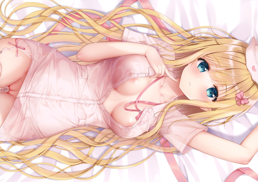 blonde_hair blue_eyes breasts female garter_belt garter_straps no_bra no_panties no_underwear nurse nurse_cap on_bed pussy sousouman tagme