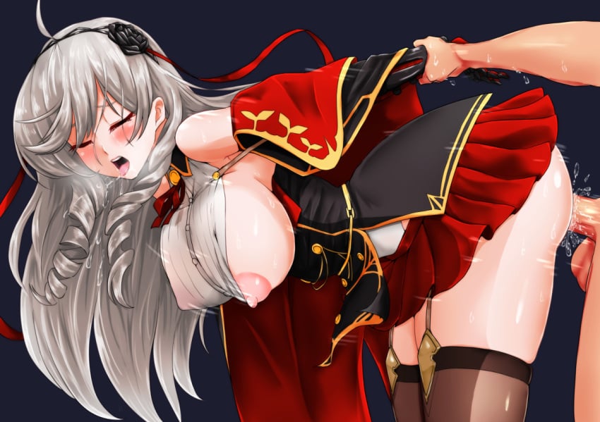 1boy 1girls algerie_(azur_lane) azur_lane big_breasts blush breasts karakuriyudo light-skinned_female light-skinned_male light_skin penetration penis saliva sex silver_eyes skirt sweat thighhighs tongue_out vaginal_penetration vichya_dominion_(azur_lane)