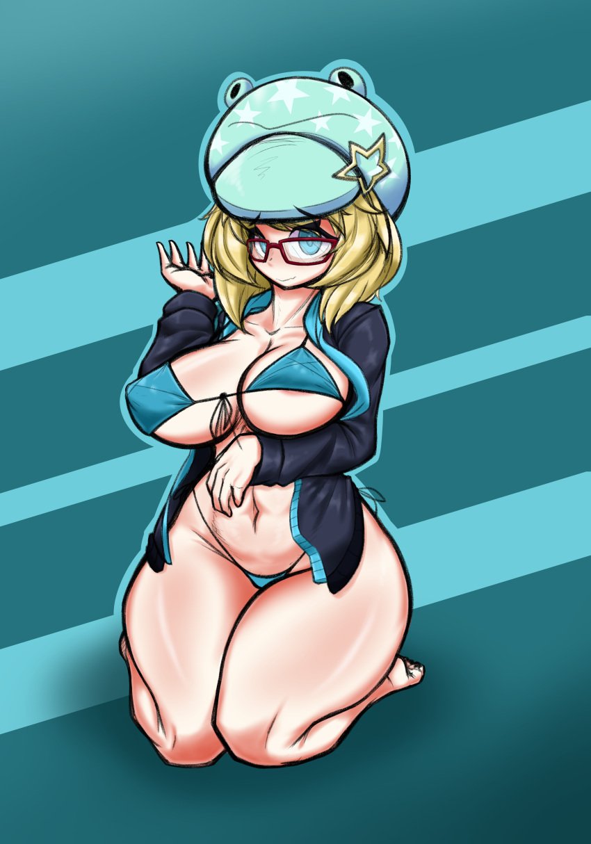 1girls ather-os ather_os bikini blonde_hair blue_eyes glasses hat jacket large_ass large_breasts original original_character thick_thighs