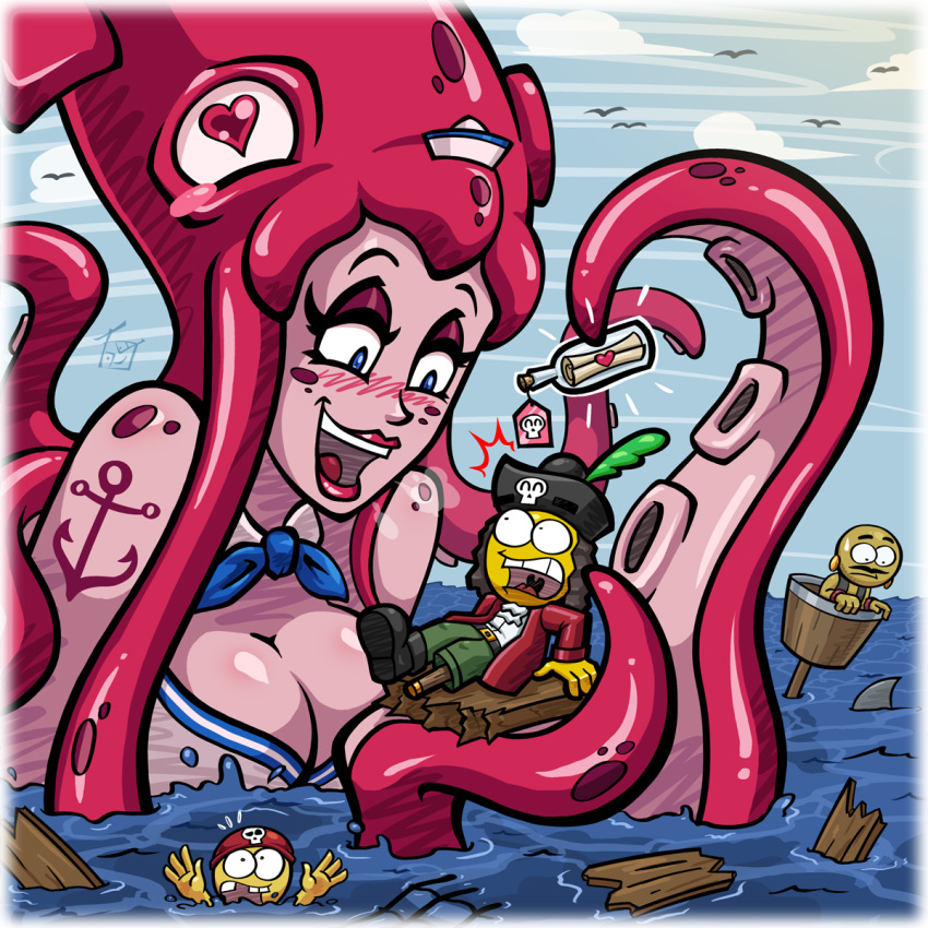 1girls big_breasts blue_eyes blush blushing breasts cleavage giantess heart-shaped_pupils hooksnfangs kraken monster_girl original_character pink_skin sailor_hat sea sea_monster source_request squid_girl tagme tattoo tentacle_hair