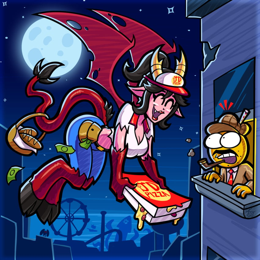 1boy 1girls 1male bare_midriff black_hair breasts city cleavage closed_eyes cryptid demon demon_girl demon_horns demon_tail demon_wings female fully_clothed hooksnfangs hooves horns human jersey_devil lipstick male male/female male_on_female monster_girl original_character pink_skin pizza_delivery pointy_ears red_lipstick red_skin straight succubus tagme tail wings