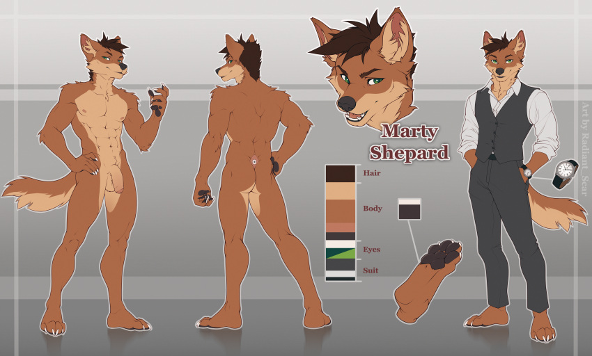 absurd_res anthro balls brown_body brown_fur brown_hair canid canine canis clothed clothing fur furry genitals green_eyes hair headshot hi_res huge_filesize looking_at_viewer male mammal marty_shepard model_sheet nude pallete paws penis radiant_scar solo suit_pants topwear vest wolf