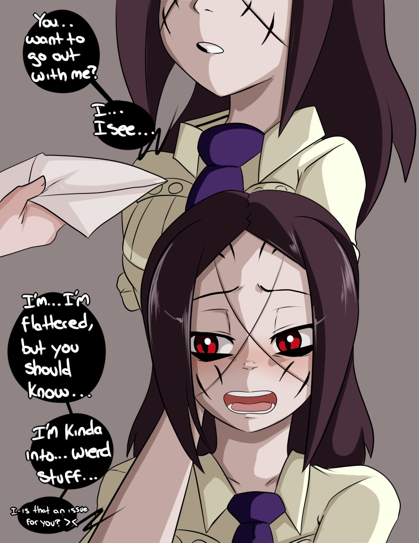 carol_(skullgirls) confession dialogue inuyuru lab_zero_games painwheel red_eyes scar school_uniform shy skullgirls text