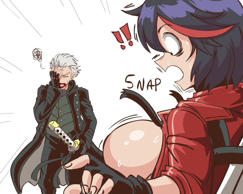 1boy 1girls black_hair breasts breasts_out capcom cosplay crossover dante_(cosplay) devil_may_cry devil_may_cry_3 i_am_the_storm_that_is_approaching kill_la_kill large_breasts lewdamone matoi_ryuuko motivated studio_trigger surprised sweat vergil wardrobe_malfunction yamato_(sword)