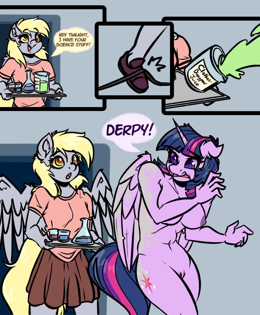 absurd_res alicorn anthro big_breasts bottomwear breasts chemicals clothed clothed/nude clothing comic derp_eyes derpy_hooves dialogue duo equid equine female friendship_is_magic genitals hasbro hi_res horn mammal my_little_pony nude pegasus pussy shirt skirt speech_bubble standing topwear tray tripping twilight_sparkle_(mlp) wings witchtaunter