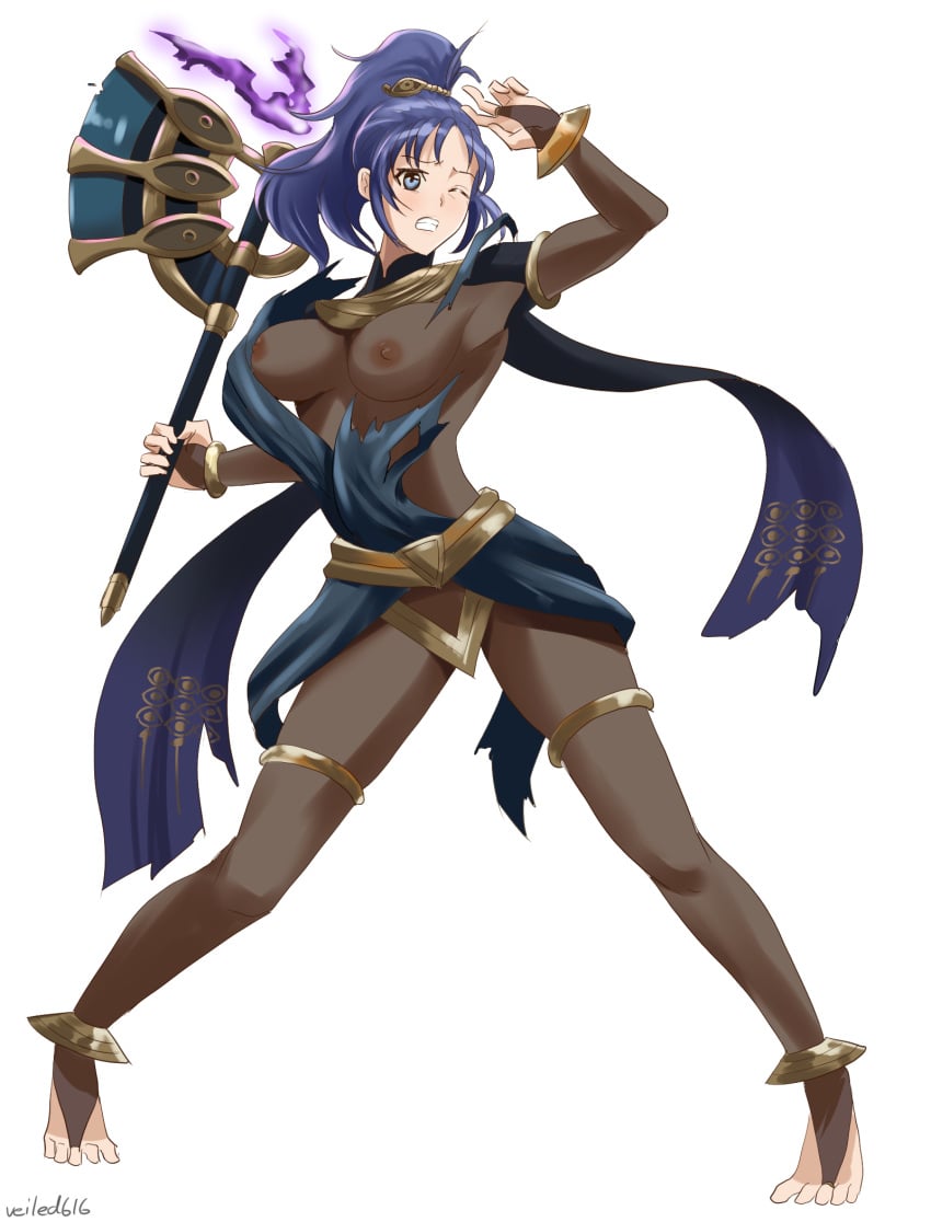 1girls alternate_costume armpits barefoot big_breasts blue_eyes blue_hair bodystocking clenched_teeth distress fire_emblem fire_emblem:_new_mystery_of_the_emblem fire_emblem_heroes full_bodystocking fully_clothed kris_(female)_(fire_emblem) kris_(fire_emblem) kris_(male)_(plegian)_(fire_emblem) medium_hair nintendo nipples one_eye_closed ponytail see-through see-through_clothing solo solo_female torn_clothes veiled616 wardrobe_malfunction weapon