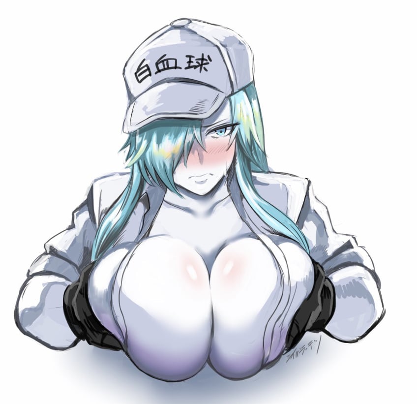 1girls aqua_hair black_gloves blue_eyes blush breast_press breasts clavicle cleavage collared_shirt female gloves hat hataraku_saibou hataraku_saibou_black hi_res large_breasts long_hair one_eye_covered pale_skin shibusun solo sweatdrop u-1196 white_background white_blood_cell_(hataraku_saibou) white_headwear