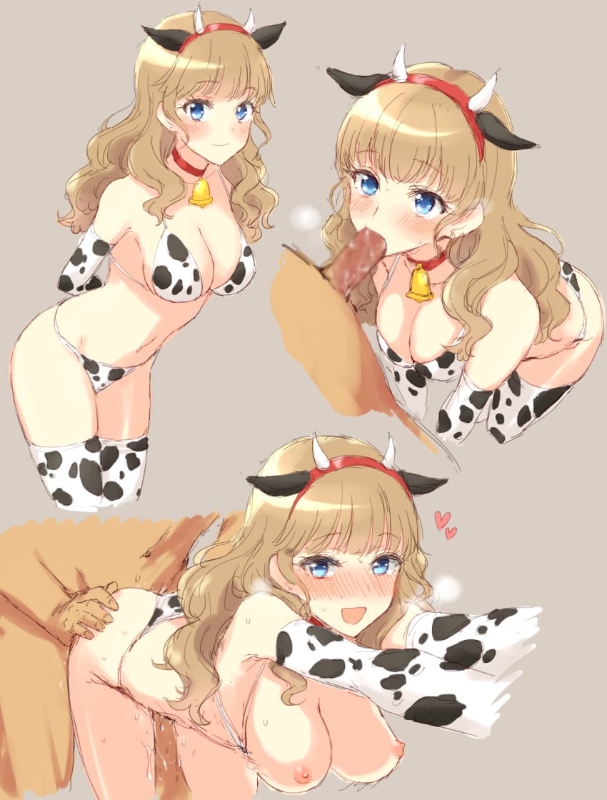 1boy animal_ears animal_print armpit_crease arms_behind_back bangs bell bell_collar bikini bikini_aside blunt_bangs blur_censor blush bouncing_breasts breasts breasts_out censored chinese_zodiac cleavage closed_mouth collar cow_ears cow_horns cow_print cowboy_shot cropped_legs cropped_torso eyebrows_visible_through_hair fake_animal_ears fake_horns fellatio female from_above from_side hair_over_shoulder hairband heart highres horns large_breasts leaning_forward light_brown_hair looking_at_viewer looking_back looking_up lower_body mewkledreamy motion_lines multiple_views nipples nose_blush open_mouth oral outstretched_arms penis red_collar red_hairband sbs sex sex_from_behind simple_background smile solo_focus spoken_heart standing standing_sex star_(symbol) star_in_eye straight swimsuit symbol_in_eye thighhighs tsukishima_maira year_of_the_ox