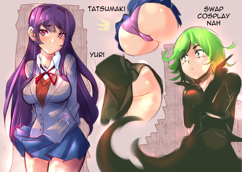 2girls animahakim ass blush crossover doki_doki_literature_club female_only green_hair long_hair multiple_girls one-punch_man panties purple_hair school_uniform tatsumaki text upskirt yuri_(doki_doki_literature_club)