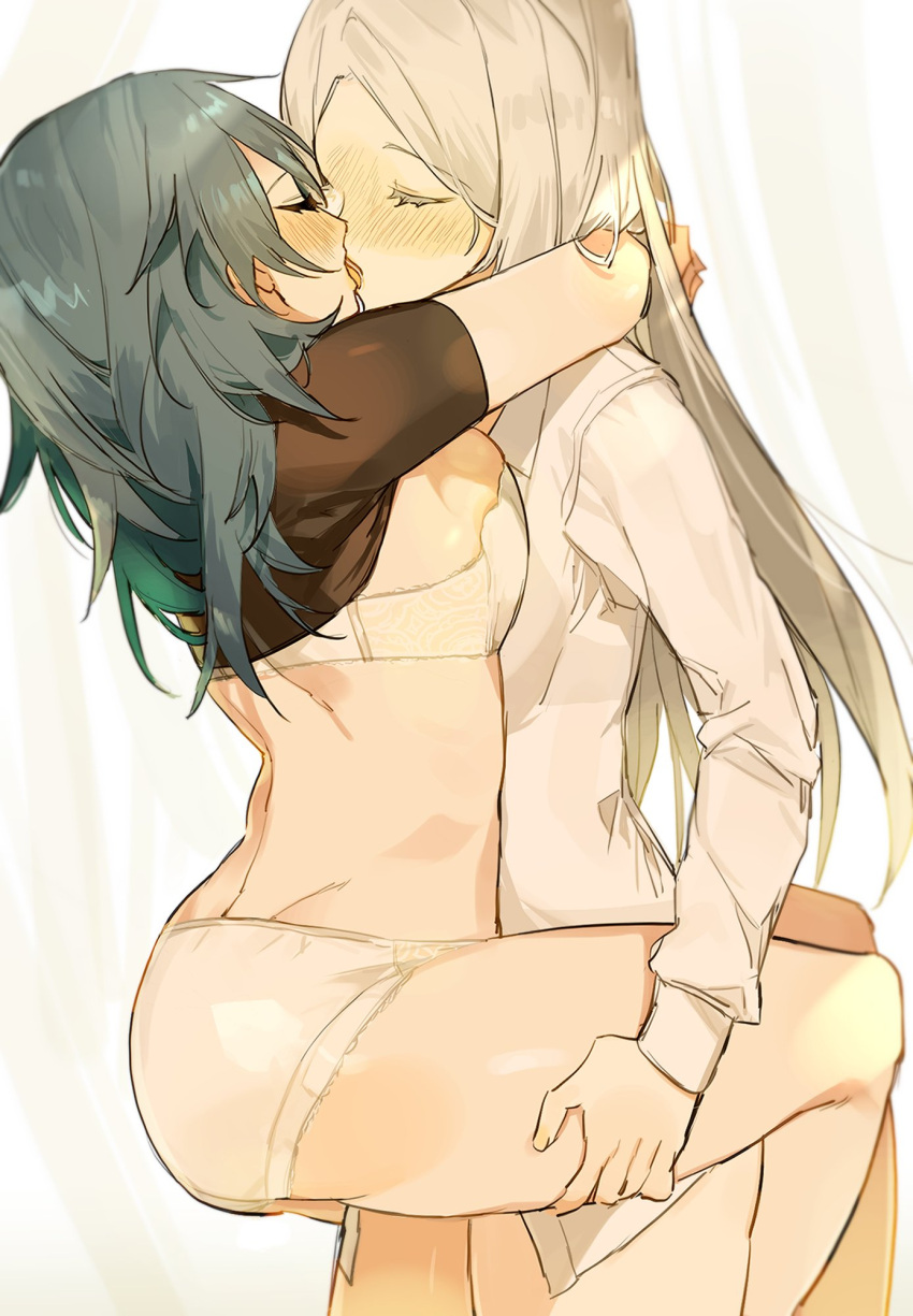 2girls ass blue_hair byleth_(fire_emblem) byleth_(fire_emblem)_(female) closed_eyes edelgard_von_hresvelg fire_emblem fire_emblem:_three_houses french_kiss green_hair hugging kissing leg_lock long_hair meunhongcha nintendo panties yuri