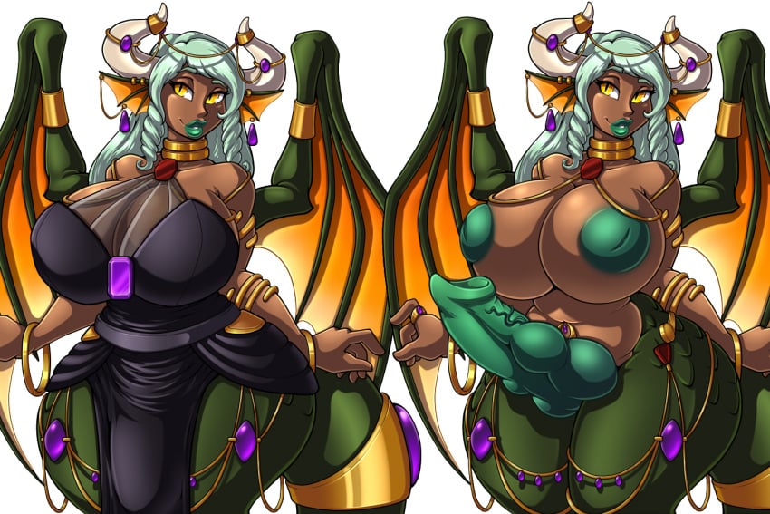 3:2 adjatha animal_humanoid big_breasts breasts clothed clothing curvy_figure dragon dragon_humanoid drill_curls erection frill_(anatomy) futanari genitals green_hair gryvain hair head_crest head_frill hoitn humanoid intersex inverted_nipples knot membrane_(anatomy) membranous_wings nipples nude penis pose solo thick_thighs trials_in_tainted_space voluptuous wings yellow_eyes