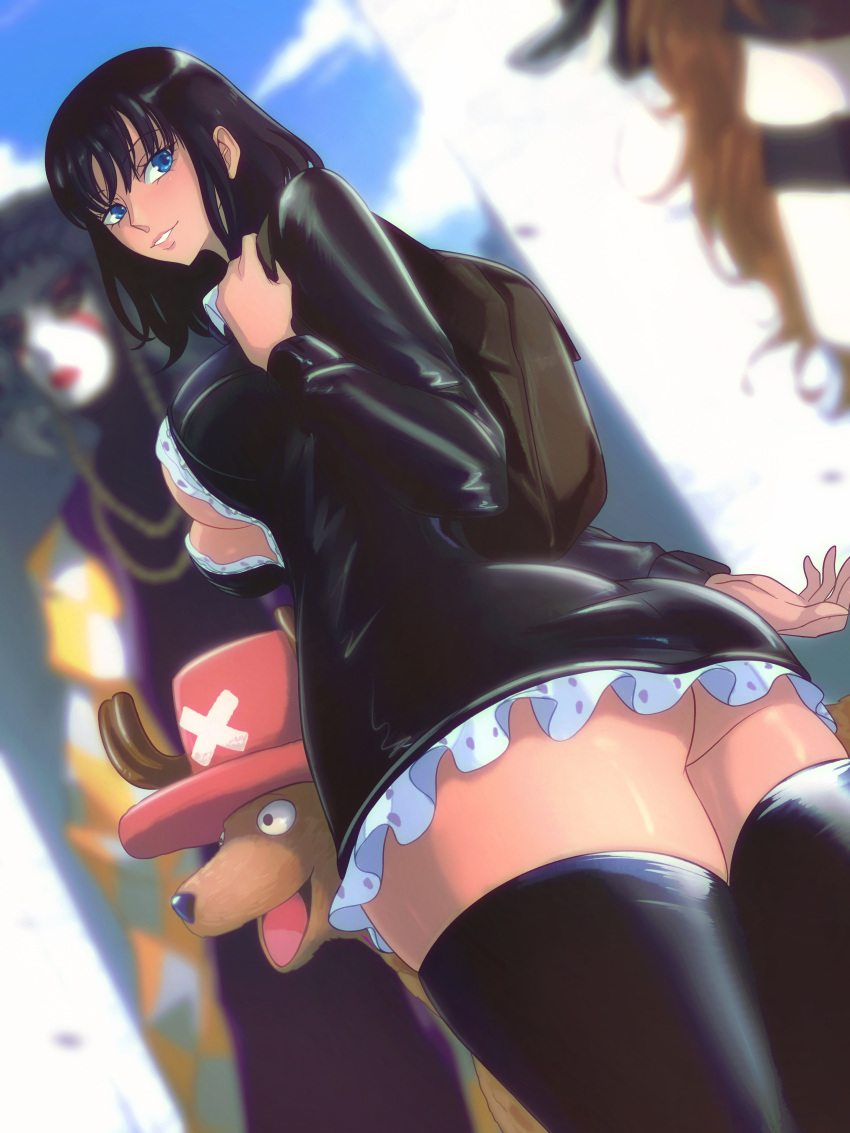 1girls black_dress black_hair black_thighhighs blue_eyes dress female female_only fully_clothed human leather_minidress light-skinned_female looking_back mature_female nico_robin one_piece opalisart plump_ass pre-timeskip pre_timeskip slim_waist thick_thighs thigh_boots thighhighs tony_tony_chopper water_7