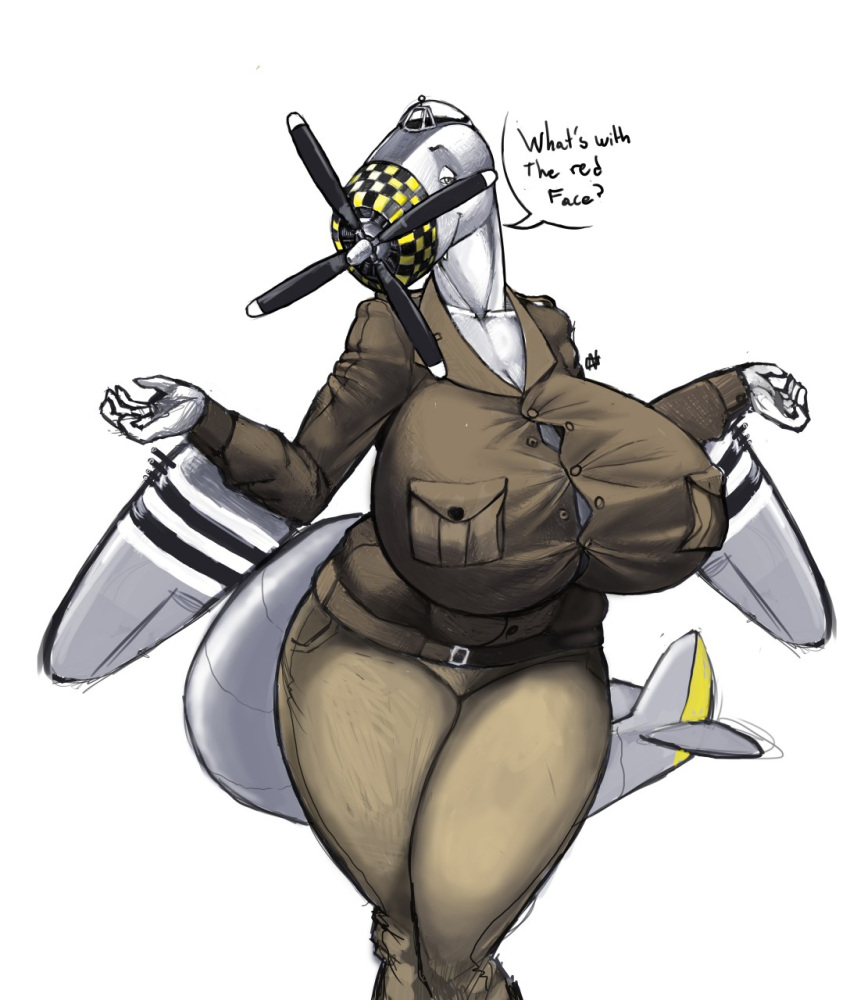 aeromorph aircraft anthro big_breasts cleavage female living_aircraft living_machine ndragon3 p-47_thunderbolt simple_background white_background