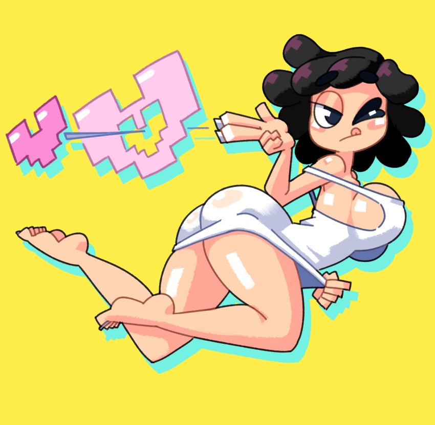 1girls 2021 :q absurd_res ass bare_arms bare_shoulders big_ass black_eyes black_hair breasts clothing dress eyebrows_visible_through_hair feet female female_only finger_gun floating full_body heart highres large_breasts matching_hair/eyes minus8 one_eye_closed original shiny shiny_skin shooting short_hair sideboob silhouette simple_background soles solo strap_slip summer7 thick_thighs thighs toes white_dress yellow_background