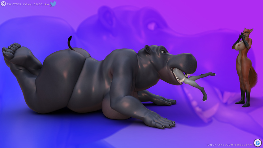 16:9 anthro ass big_breasts big_butt body_in_mouth breasts canid canine common_hippopotamus curvy_figure daz3d daz_3d daz_studio domestic_cat felid feline felis female female/female fox group hippopotamid hourglass_figure huge_breasts huge_butt huge_thighs jasmine_(loneclaw) larger_female loneclaw mammal neck_bulge oral_vore overweight overweight_anthro overweight_female red_fox size_difference smaller_female thick_thighs vore widescreen willing_vore yuri