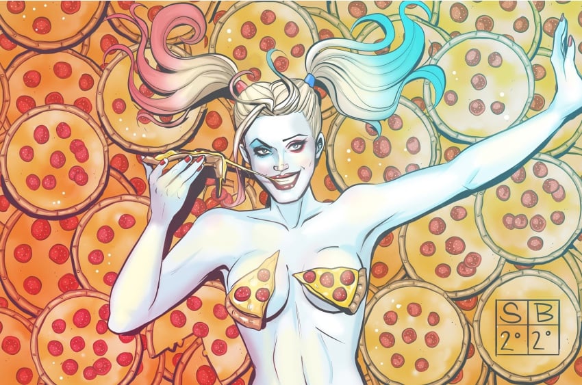 batman_(series) censored_breasts dc_comics eating food green_hair harley_quinn lipstick lots_of_pizza multicolored_hair nipple_censor pale_skin pepperoni pigtails pizza red_lipstick twintails white_skin