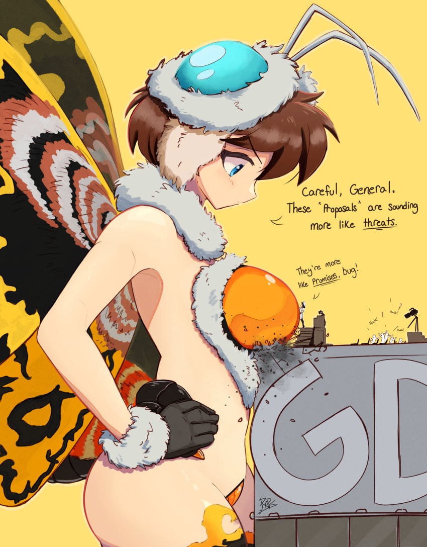 asymmetrical_docking bare_midriff blue_eyes brown_hair building butterfly_wings english_text giantess godzilla_(series) huge_breasts kaiju_girl kaiju_girls_(webcomic) monster_girl moth_girl mothra mothra_(series) raps