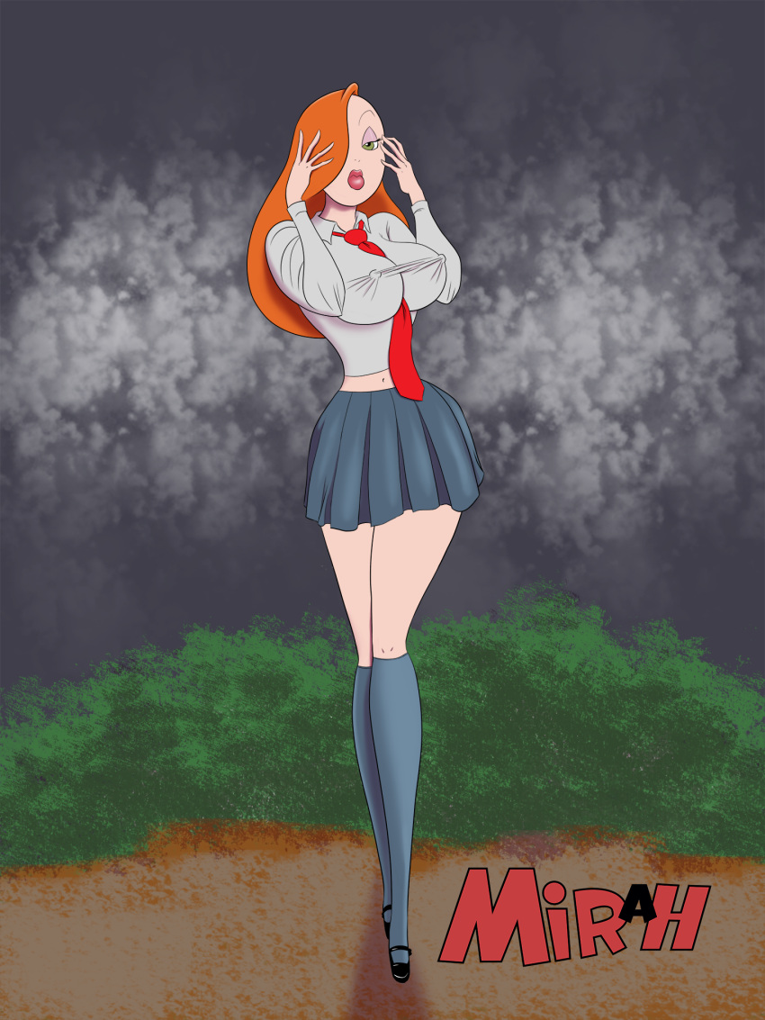 1girls artist_name big_breasts breasts busty cleavage digital_media_(artwork) disney eyeshadow female female_only hips hourglass_figure human jessica_rabbit large_breasts legs lipstick mirah nipple_bulge nipples red_hair school_uniform schoolgirl solo thick_hips thick_legs thick_thighs thighs voluptuous who_framed_roger_rabbit wide_hips