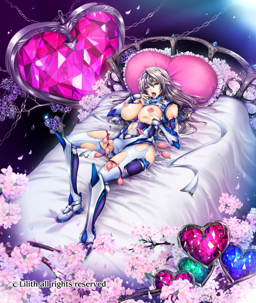 1futa absurdres blue_eyes bodysuit breasts bulge chijo clothed clothing condom_accessories condom_belt cum detailed_background female female_pervert filled_condom framed_breasts futa_only futanari heart highres human kuroda_tomoe large_breasts lilith-soft long_hair looking_at_viewer lying on_back on_bed open_mouth pale_skin partially_clothed pervert platinum_blonde_hair sample solo taimanin_rpgx tana_(garyuh-chitai) torn_clothes used_condom