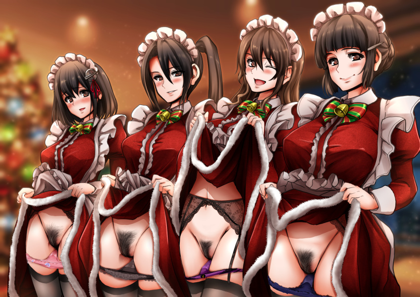 4girls arekishi_raiho big_breasts black_hair black_panties black_pubic_hair blue_panties blurred_background blurry blush blushing blushing_at_viewer boobs bottomless bow bow_panties breasts brown_eyes brown_hair christmas christmas_outfit christmas_tree closed_eye closed_eyes closed_mouth clothes_lift detailed_background dress eyebrows eyebrows_visible_through_hair female female_focus female_only frilled_panties frills garter garter_belt garter_straps garters headwear lace lace_panties large_breasts leggings legwear lifting lifting_clothing lifting_dress long_hair looking_at_viewer maid maid_headdress maid_uniform medium_breasts multiple_girls navel open_eyes open_mouth original original_characters panties panties_around_legs panties_down pink_panties pubic_hair purple_panties shiny shiny_hair shiny_skin short_hair smile stockings take_your_pick underwear