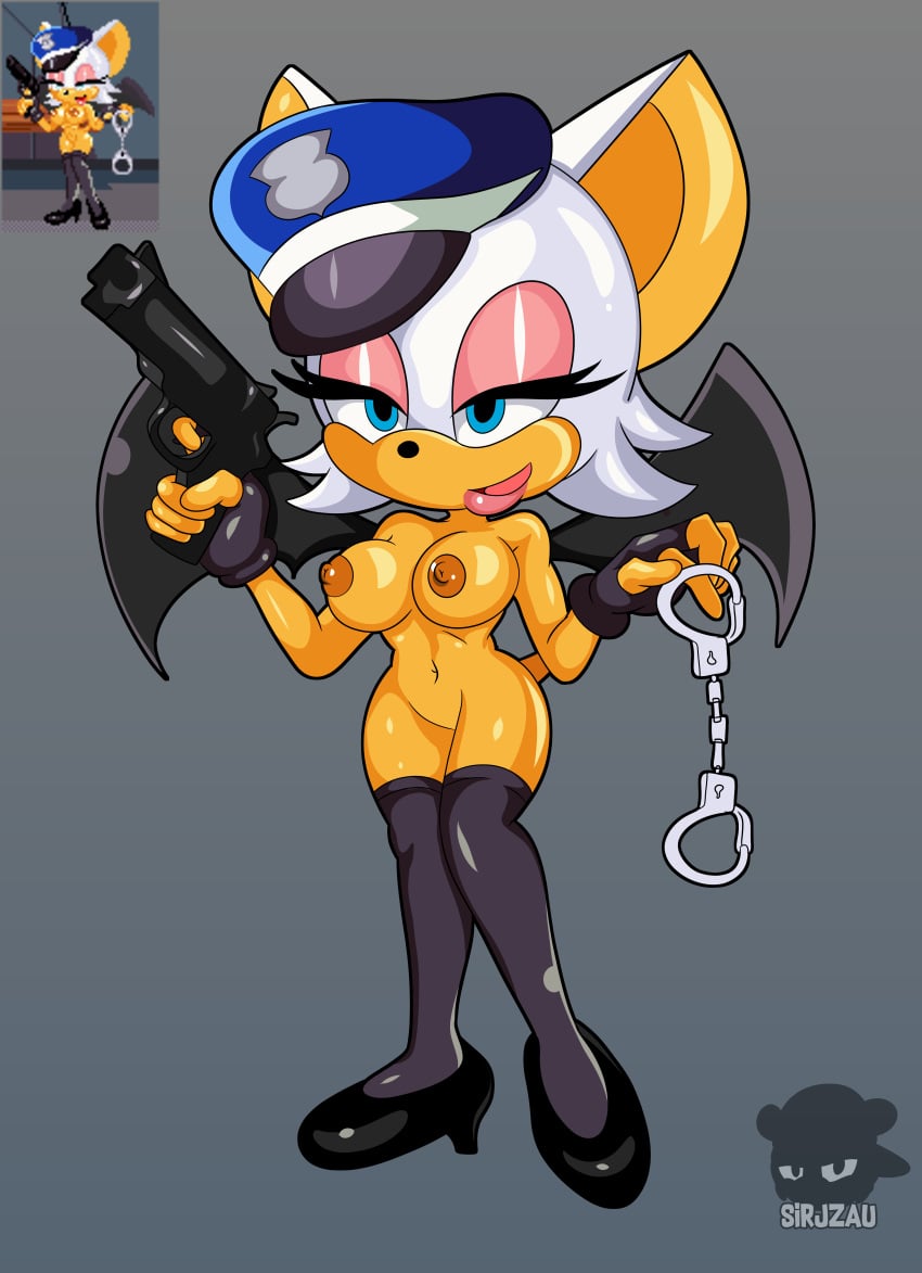 absurd_res ass bat_wings bimbo breasts casual chiropteran exposed_torso female firearm footwear genitals gums gun handcuffs handgun handwear hi_res mammal membrane_(anatomy) membranous_wings officer pistol police_hat project_x_love_potion_disaster pussy ranged_weapon revolver rouge_the_bat sega shackles sirjzau solo sonic_(series) sonic_the_hedgehog_(series) video_games weapon wings