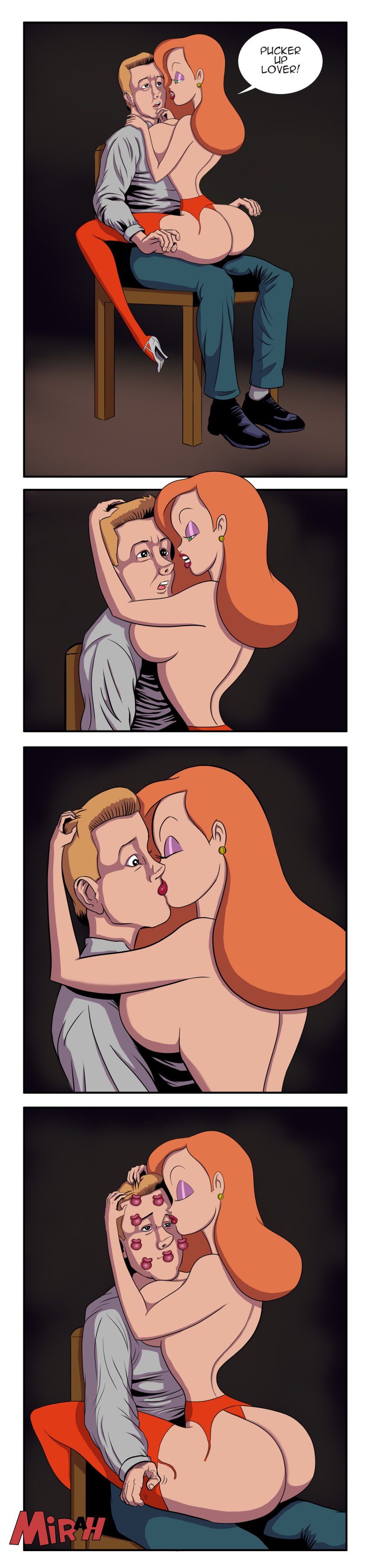 1boy 1boy1girl 1girls arched_back ass big_ass big_breasts breasts bubble_ass bubble_butt busty comic commission dialogue disney ear_piercing earrings english_text female hips hourglass_figure jessica_rabbit kissing large_ass large_breasts legs lips lipstick lipstick_mark long_hair male male/female mirah no_bra no_panties orange_hair panels piercing red_hair sideboob sitting sitting_on_person speech_bubble straight text thick thick_ass thick_legs thick_thighs thighs topless topless_female voluptuous who_framed_roger_rabbit wide_hips