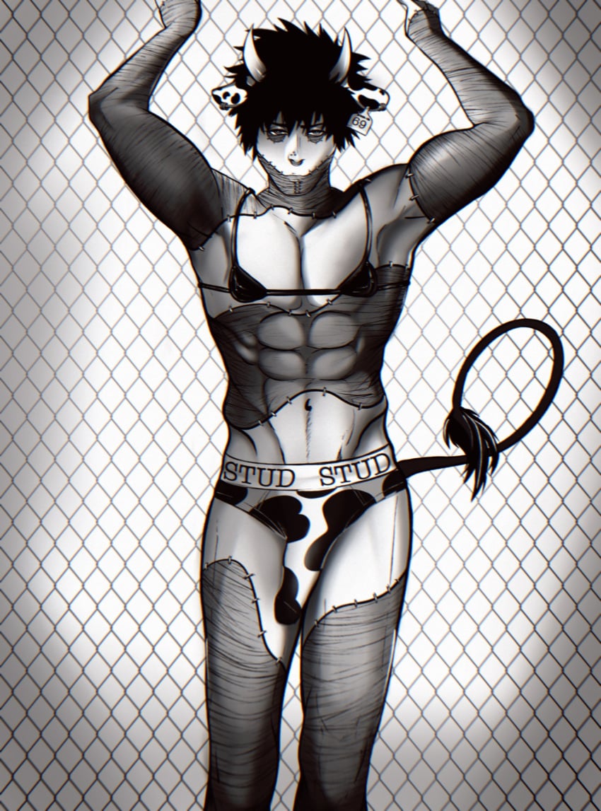 1boy abs arms_above_head arms_up bare_arms bare_legs bare_midriff bare_thighs black_and_white black_hair boner burn_scar cow_bikini cow_costume cow_ears cow_horns cow_print cow_tail crossdressing dabi lingerie male male_in_lingerie male_only monochrome my_hero_academia rmandraws1_(artist) scar scars solo_male standing todoroki_touya touya_todoroki